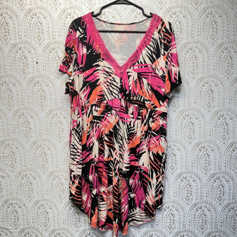 Torrid Sleep Gown Womens 2 Pink Tropical Palm Lace Trim Super Soft Nightshirt